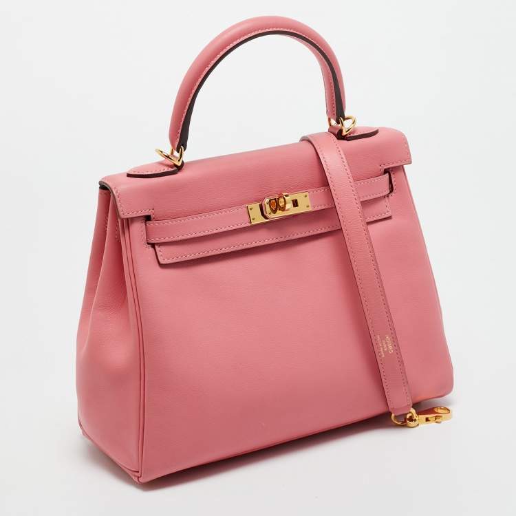 Pre Owned Hermes Rose Azalee Swift Leather Gold Finish Kelly Retourne 25 Bag