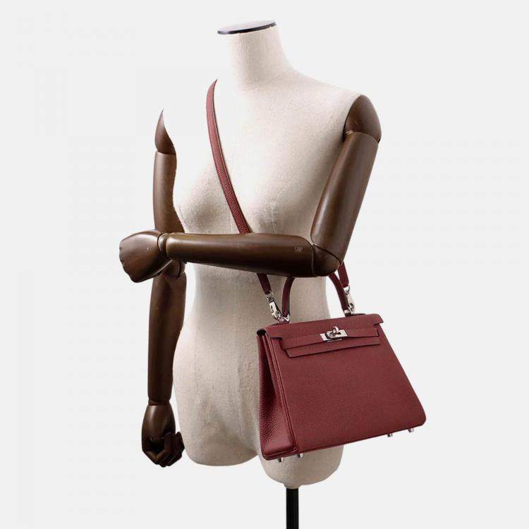 Pre Owned Hermes Kelly 25 Retourne Rouge H Togo Leather Top Handle Bag