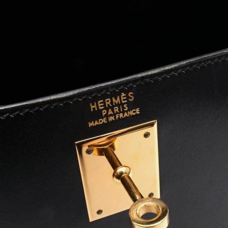 Pre Owned Hermes Kelly 32 Noir Box Calf Leather Handbag