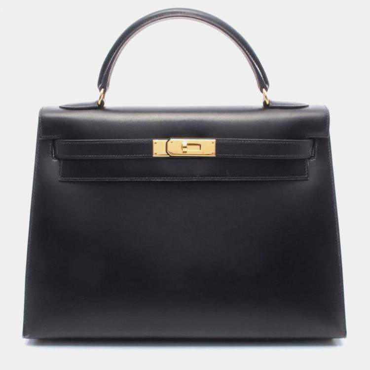 Pre Owned Hermes Kelly 32 Noir Box Calf Leather Handbag