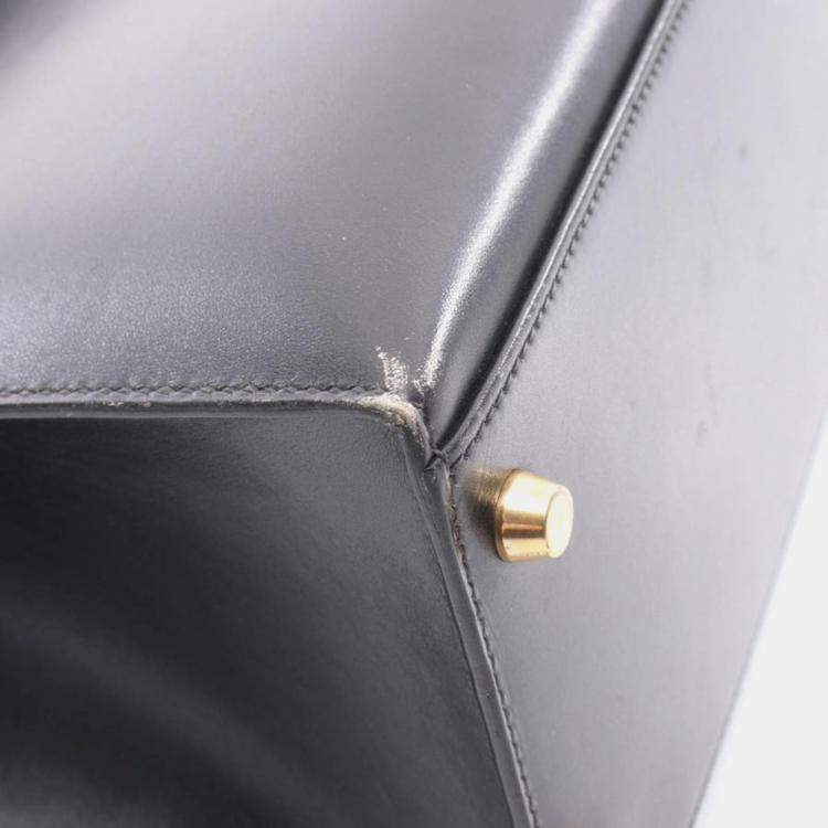 Pre Owned Hermes Kelly 32 Noir Box Calf Leather Handbag