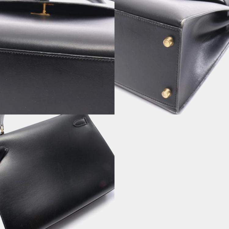 Pre Owned Hermes Kelly 32 Noir Box Calf Leather Handbag