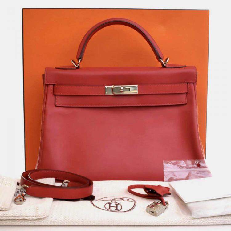 Pre Owned Hermes Kelly 32 Red Swift Leather Top Handle Bag