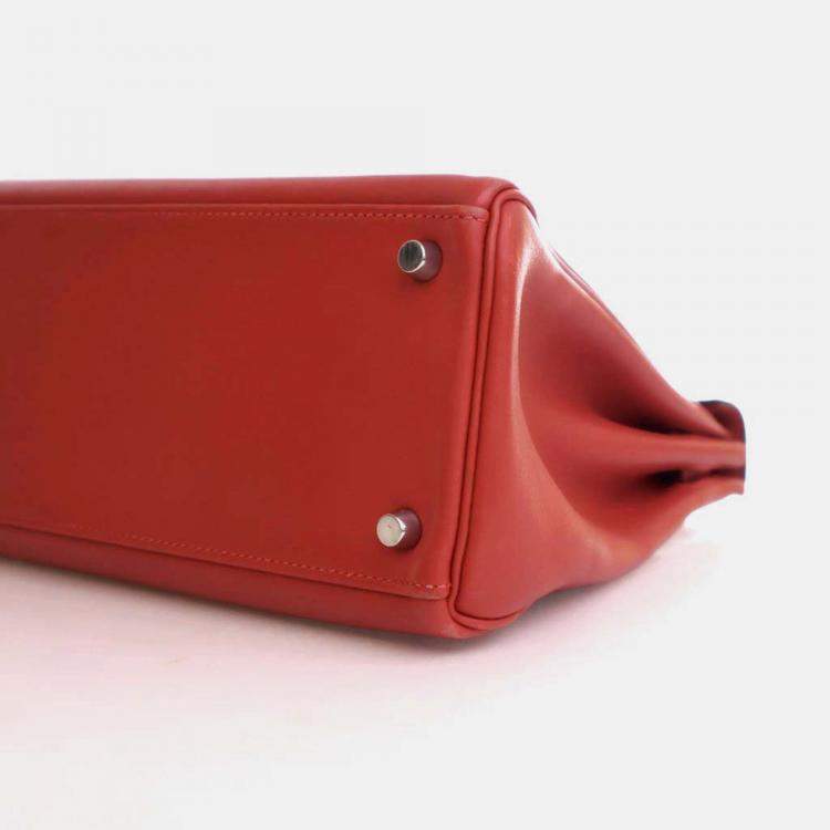 Pre Owned Hermes Kelly 32 Red Swift Leather Top Handle Bag