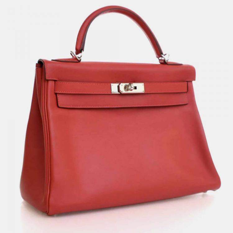 Pre Owned Hermes Kelly 32 Red Swift Leather Top Handle Bag