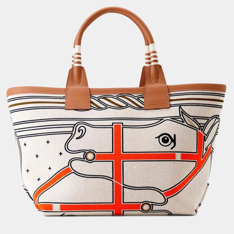 Pre Owned Hermes Steeple 25 Gris Ecru Toile H Swift Leather Handbag