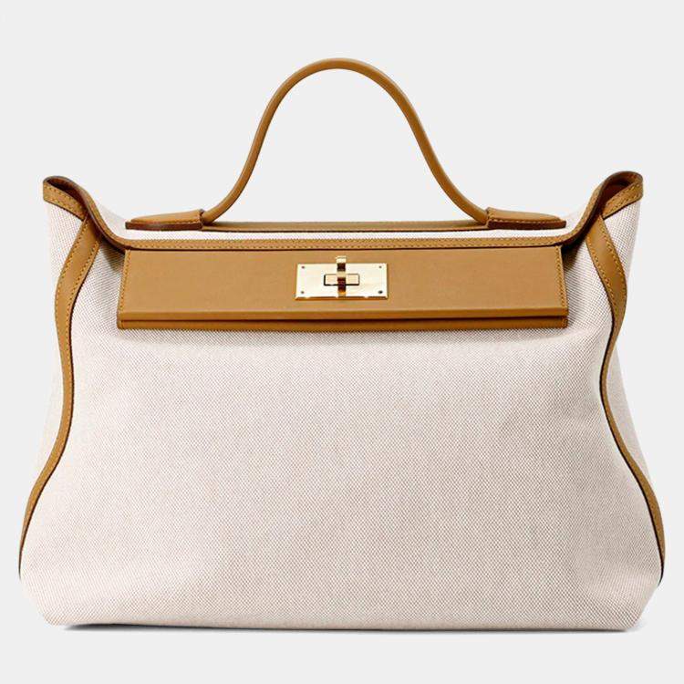 Pre Owned Hermes 24/24 Sac Van Quatre 35 Sesame Ecru Toile H Swift Leather Shoulder Bag
