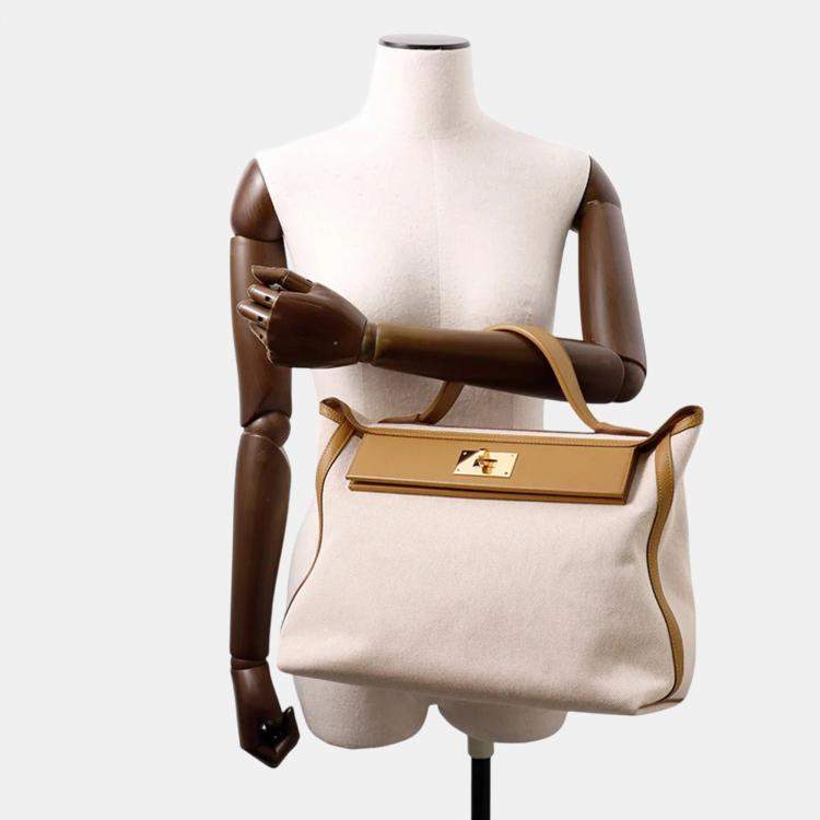 Pre Owned Hermes 24/24 Sac Van Quatre 35 Sesame Ecru Toile H Swift Leather Shoulder Bag