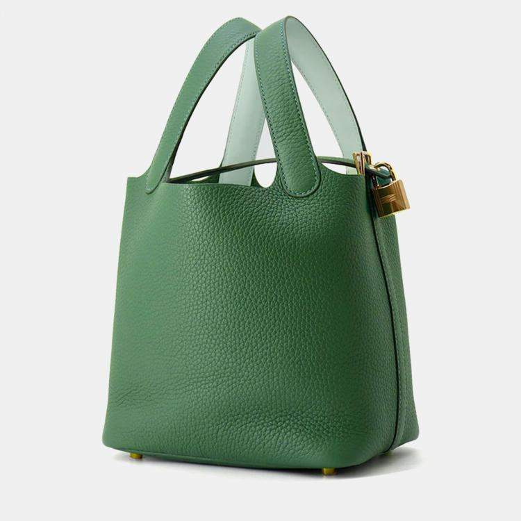 Pre Owned Hermes Picotin Lock PM Vert Moyen Vert Peppermint Taurillon Clemence Swift Leather Handbag