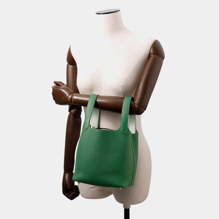 Pre Owned Hermes Picotin Lock PM Vert Moyen Vert Peppermint Taurillon Clemence Swift Leather Handbag