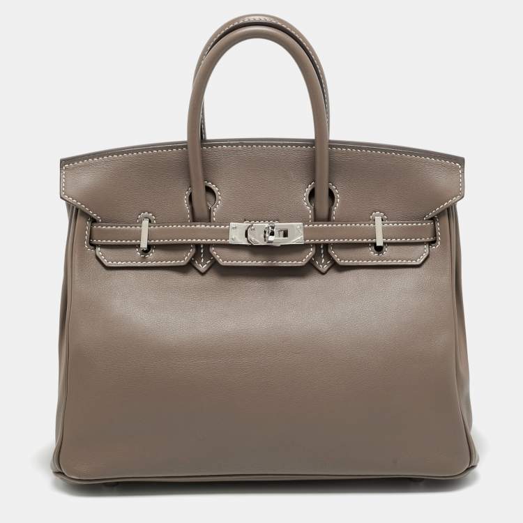 Pre Owned Hermes Etoupe Swift Leather Palladium Finish Birkin 25 Bag
