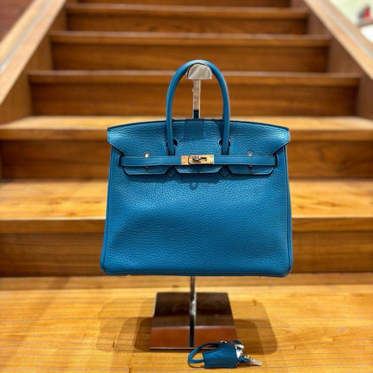 Pre Owned Hermes Birkin 25 Blue Leather Handbag