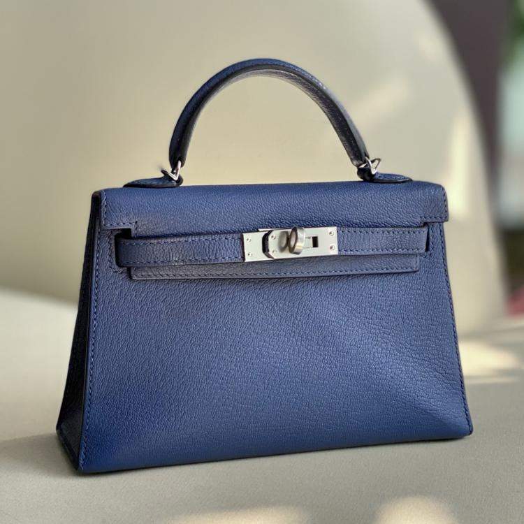 Pre Owned Hermes Kelly II Mini Agate Blue Leather Handbag