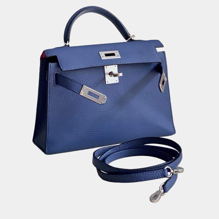 Pre Owned Hermes Kelly II Mini Agate Blue Leather Handbag