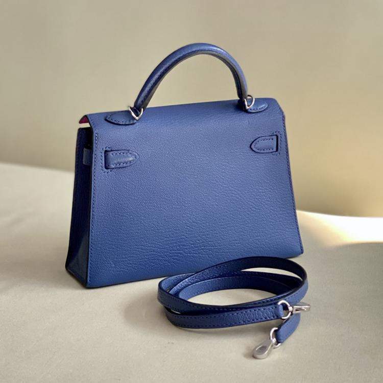 Pre Owned Hermes Kelly II Mini Agate Blue Leather Handbag