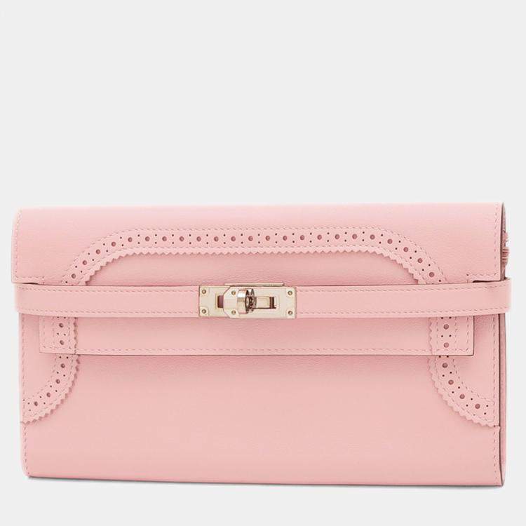 Pre Owned Hermes Kelly Wallet Gillies Long Rose Sakura Swift Leather
