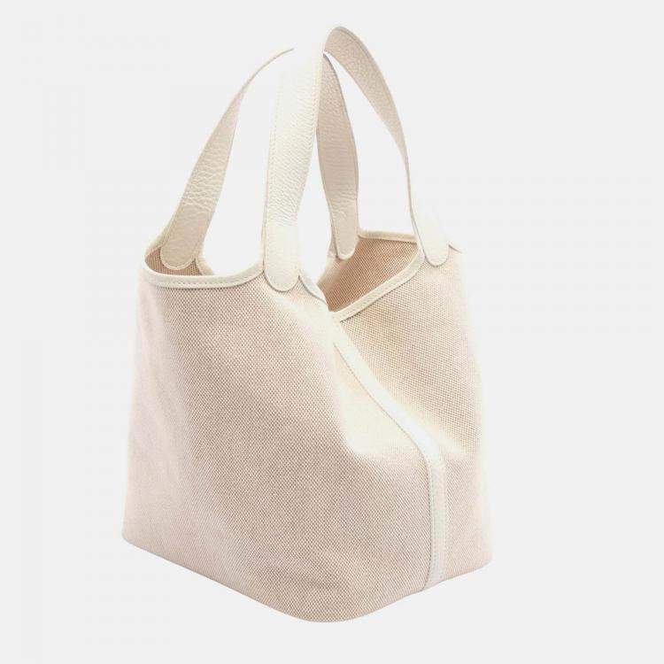 Pre Owned Hermes Picotin White Ecru Clemence Leather Toile H Canvas Handbag PM
