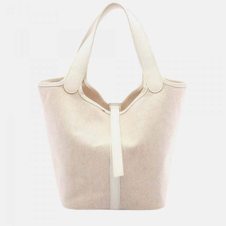 Pre Owned Hermes Picotin White Ecru Clemence Leather Toile H Canvas Handbag PM
