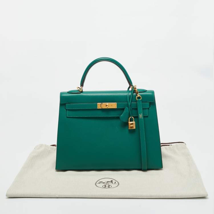 Pre Owned Hermes Malachite Epsom Leather Gold Finish Kelly Sellier 32 Bag