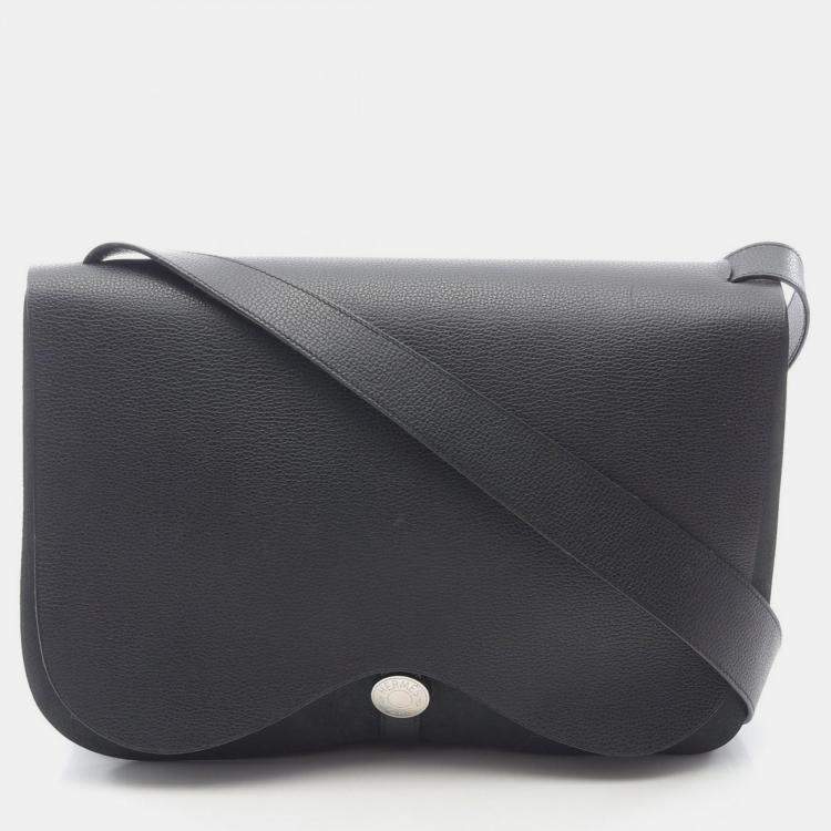 Pre Owned Hermes Sac Colorado Black Toile Chevrons Canvas Leather Shoulder Bag GM