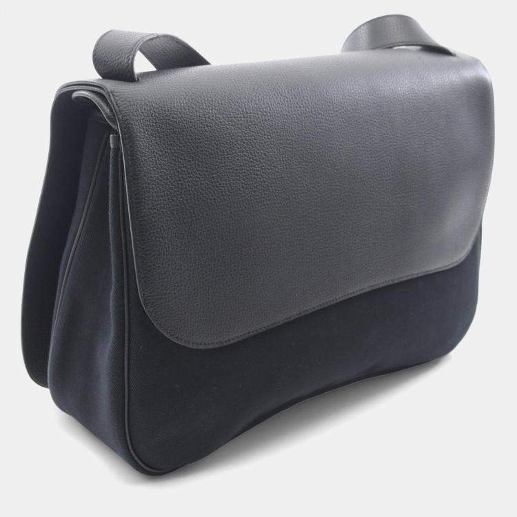 Pre Owned Hermes Sac Colorado Black Toile Chevrons Canvas Leather Shoulder Bag GM