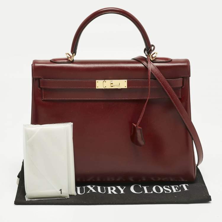 Pre Owned Hermes Rouge H Box Leather Gold Finish Kelly Retourne 35 Bag