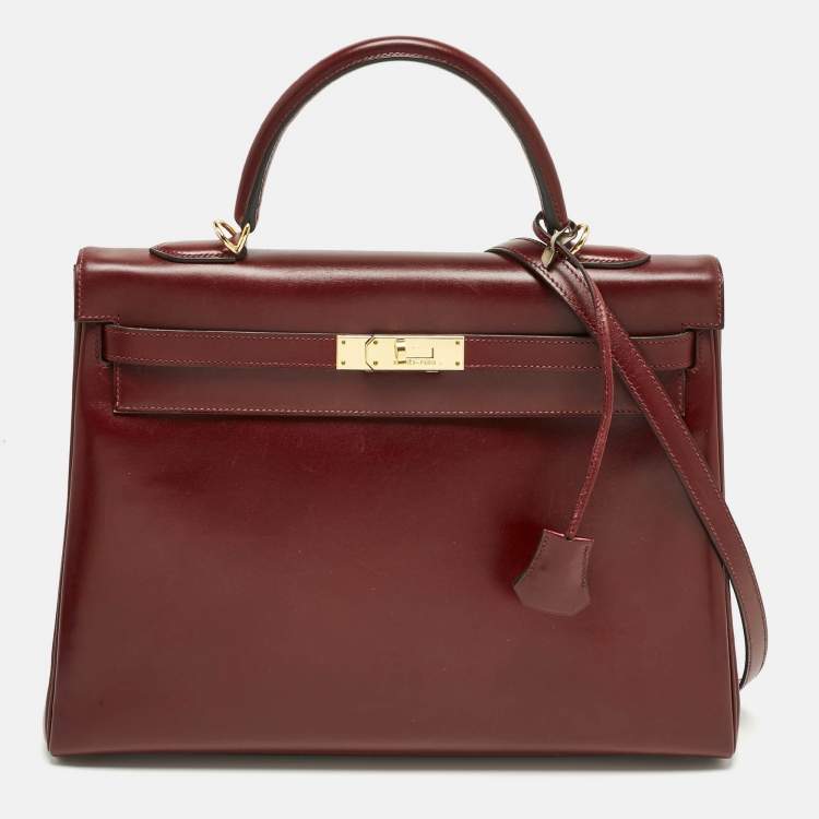 Pre Owned Hermes Rouge H Box Leather Gold Finish Kelly Retourne 35 Bag