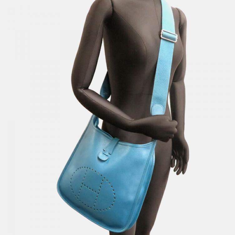 Pre Owned Hermes Evelyn PM Blue Thalassa  Veau Epsom Shoulder Bag