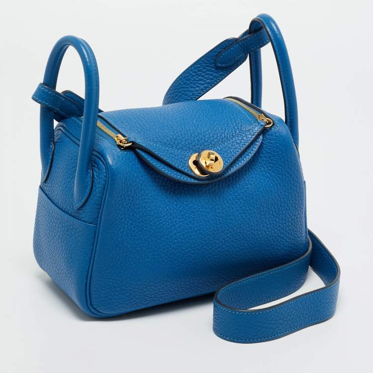 Pre Owned Hermes Bleu Frida Taurillon Clemence Leather Gold Finish Mini Lindy Bag  