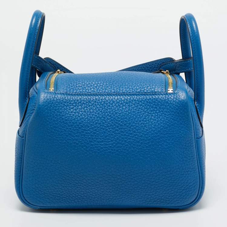 Pre Owned Hermes Bleu Frida Taurillon Clemence Leather Gold Finish Mini Lindy Bag  