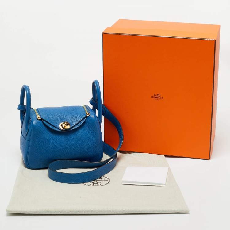 Pre Owned Hermes Bleu Frida Taurillon Clemence Leather Gold Finish Mini Lindy Bag  
