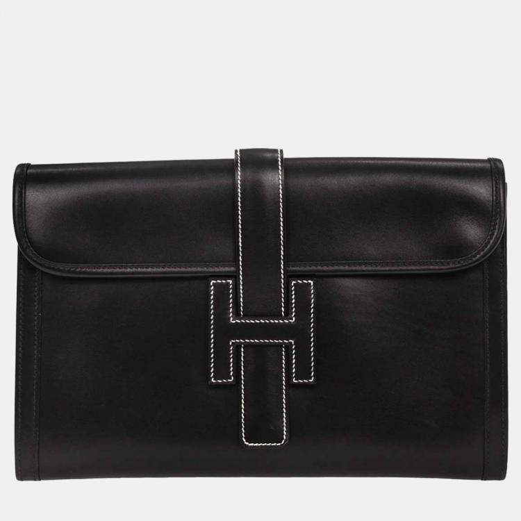 Pre Owned Hermes Black Box Calf Jige PM Clutch Bag