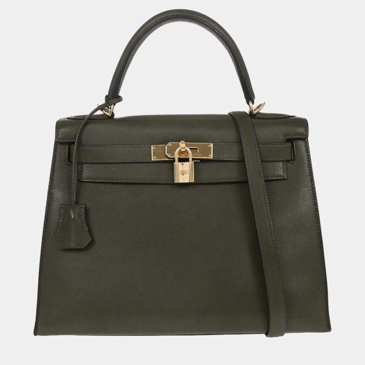 Pre Owned Hermes Green Evergrain Kelly 28 Sellier 2way Handbag