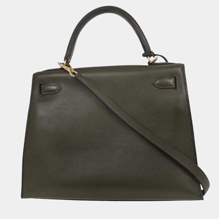 Pre Owned Hermes Green Evergrain Kelly 28 Sellier 2way Handbag