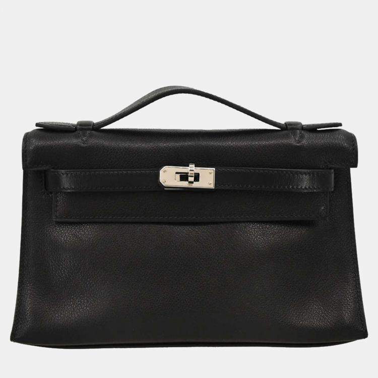 Pre Owned Hermes Black Evergrain Kelly Pochette Handbag