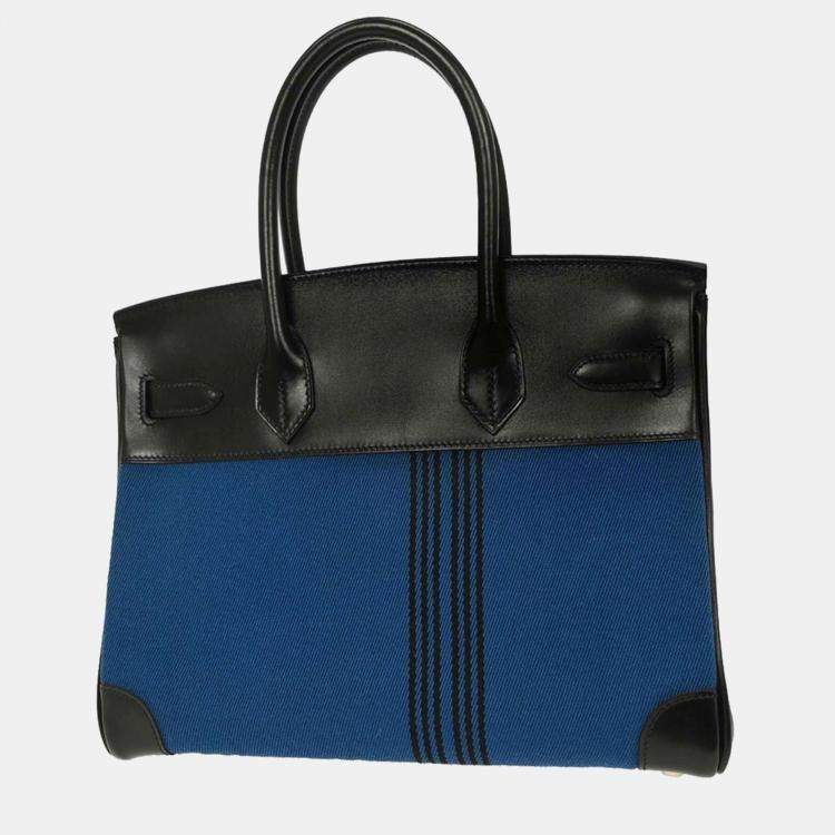 Pre Owned Hermes Blue Black Box Calf Potamus Birkin 30 Handbag