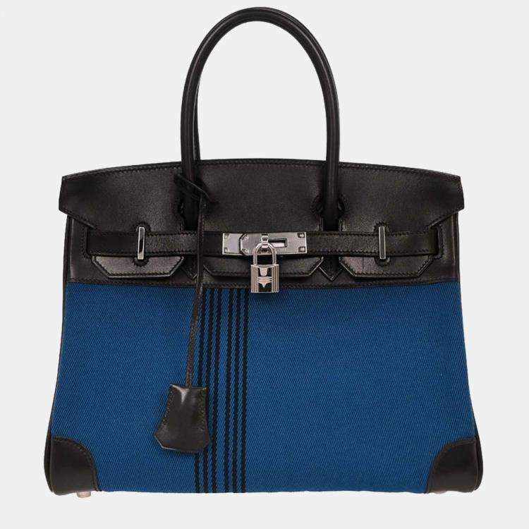 Pre Owned Hermes Blue Black Box Calf Potamus Birkin 30 Handbag