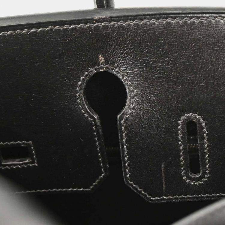 Pre Owned Hermes Blue Black Box Calf Potamus Birkin 30 Handbag