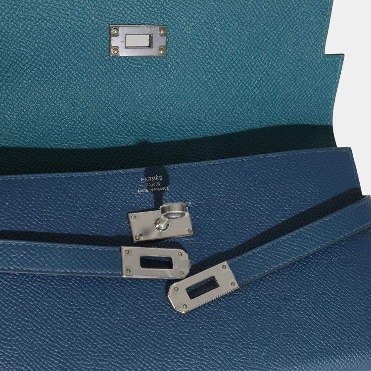 Pre Owned Hermes Kelly Deep Bleu Vert Bosphore Verso Epsom Wallet PHW