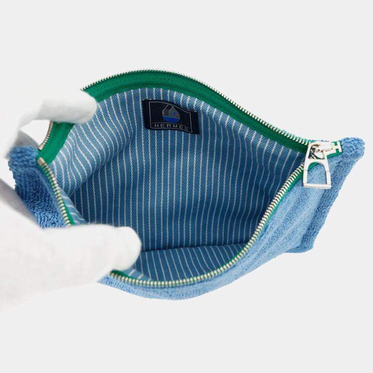 Pre Owned Hermes Les Cabans Flat Pouch Blue Cotton PM