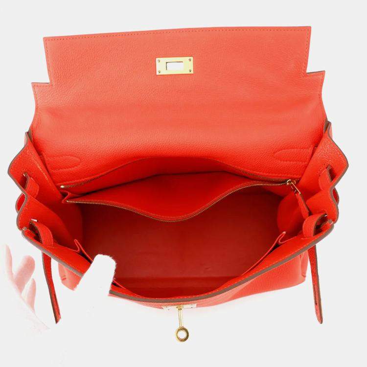 Pre Owned Hermes Kelly 32 Orange Poppy Taurillon Clemence Bag