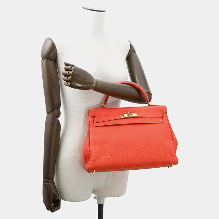 Pre Owned Hermes Kelly 32 Orange Poppy Taurillon Clemence Bag
