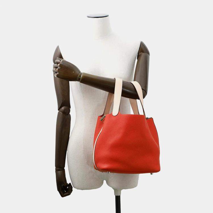 Pre Owned Hermes Picotin Lock MM Touch Rouge Tomate/Rose Eglantine Taurillon Clemence Swift Leather Bag