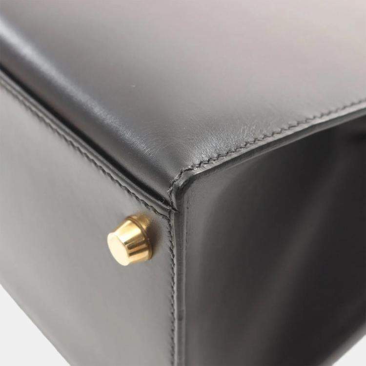 Pre Owned Hermes Kelly 28 Black Box Calf Leather Top Handle Bag