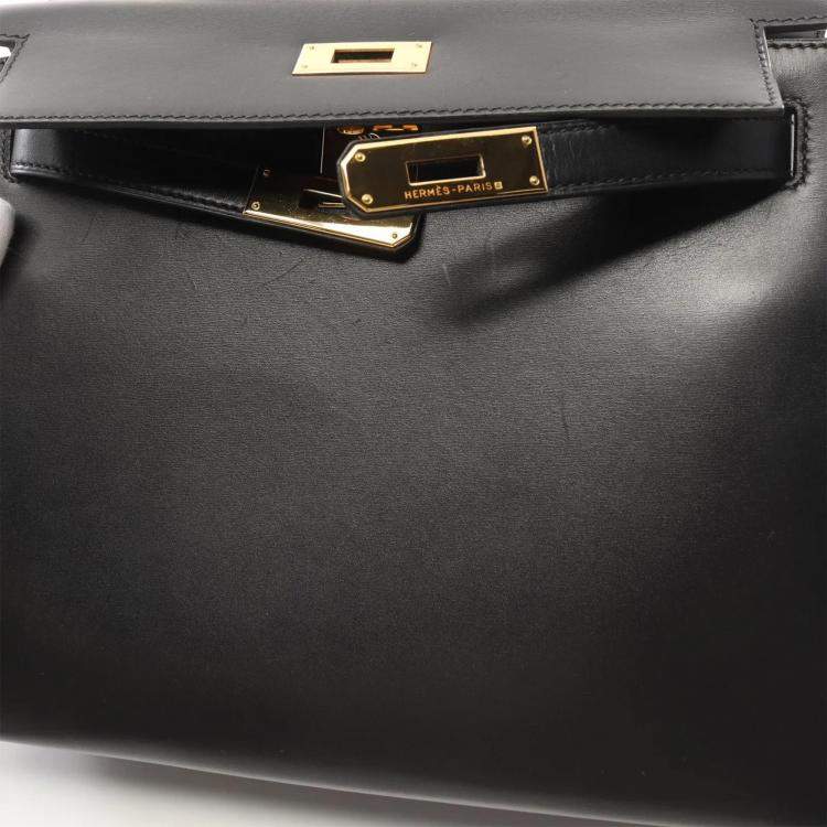 Pre Owned Hermes Kelly 28 Black Box Calf Leather Top Handle Bag