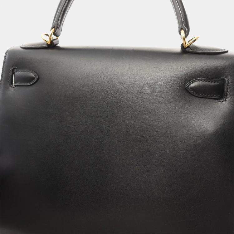 Pre Owned Hermes Kelly 28 Black Box Calf Leather Top Handle Bag