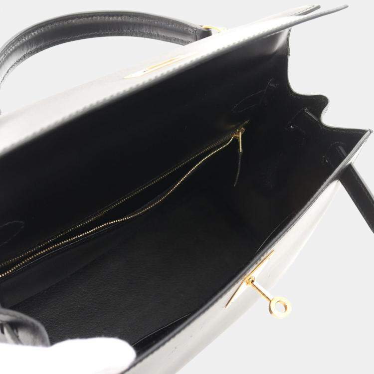 Pre Owned Hermes Kelly 28 Black Box Calf Leather Top Handle Bag