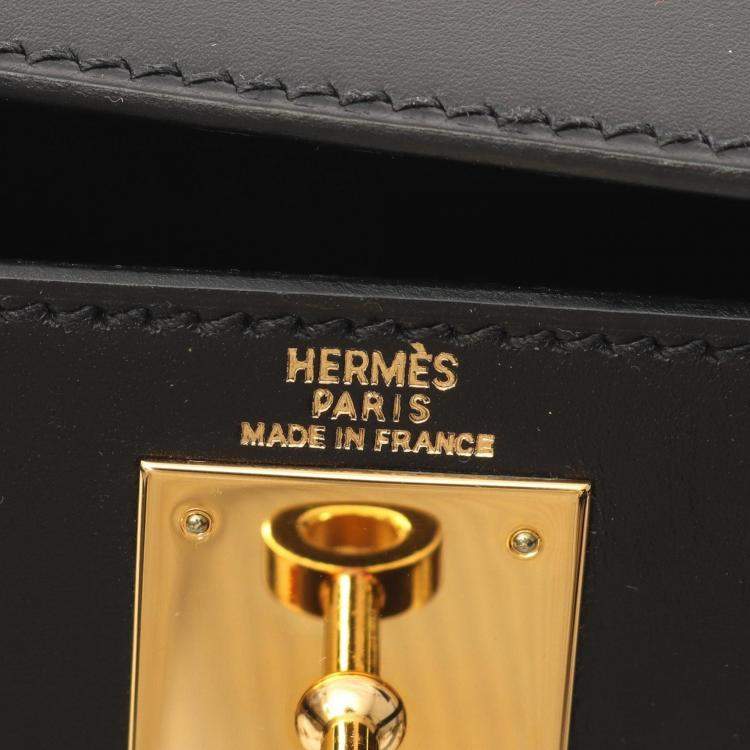 Pre Owned Hermes Kelly 28 Black Box Calf Leather Top Handle Bag