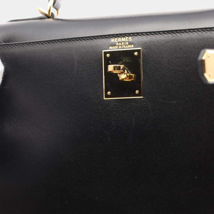Pre Owned Hermes Kelly 28 Black Box Calf Leather Top Handle Bag
