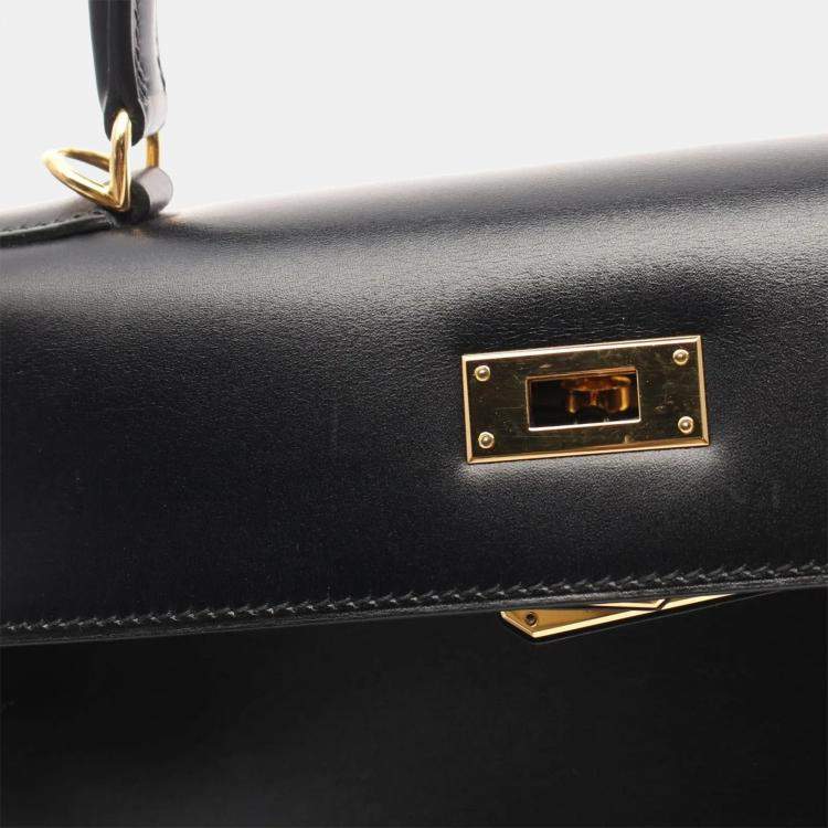 Pre Owned Hermes Kelly 28 Black Box Calf Leather Top Handle Bag